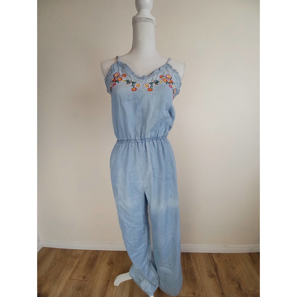 Denim Romper Floral Embroidery